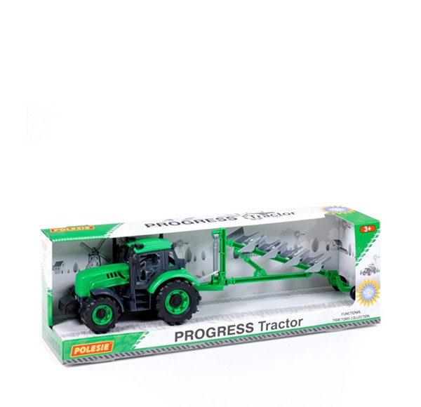 Traktor Progress s pluhom zelený
