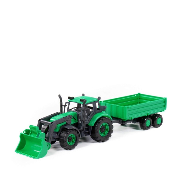 Traktor Progress s prívesom a radlicou zelený