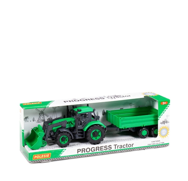 Traktor Progress s prívesom a radlicou zelený