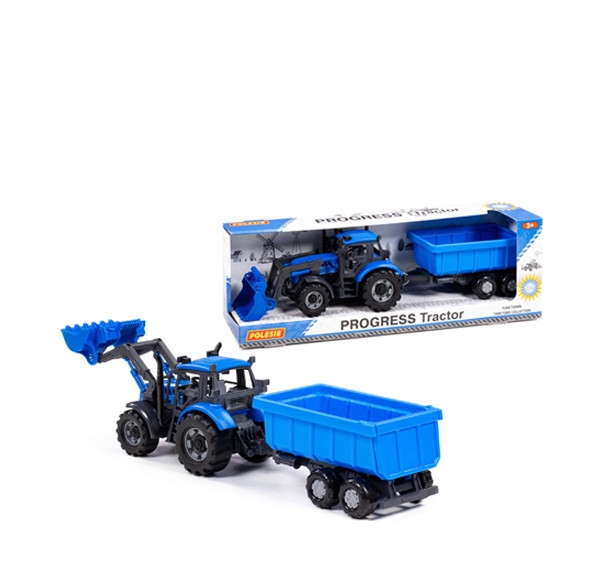 Traktor Progress s návesom a radlicou modrý